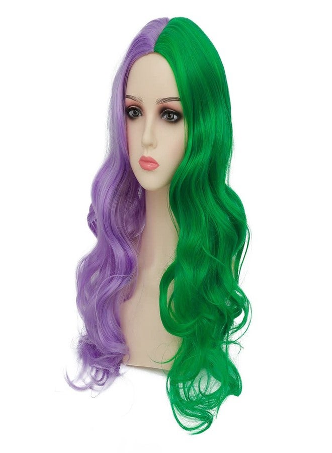 Dai Cloud Half Purple and Half Green Curly Wigs for Women Long Middle Part Split Wig Cosplay Hair Wig(Green and Purple) - Image 3